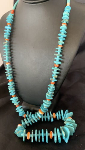 Authentic Native American Santo Domingo Necklace | Sterling Silver & Spiny Turquoise | 36" Graduated | 12067