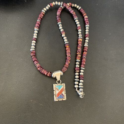 Navajo Multi-Color Inlay Pendant | Sterling Silver Purple Spiny Oyster Necklace 21" | 12359