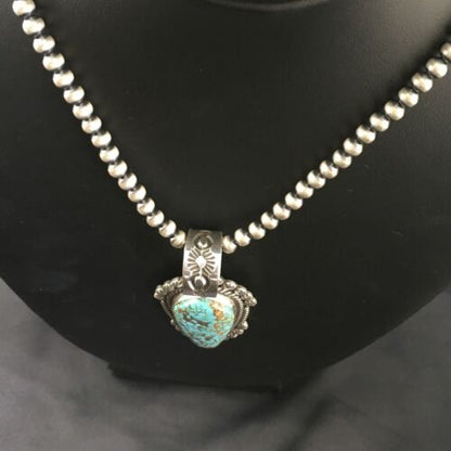 Navajo Pearls Sterling Silver Necklace with Blue #8 Turquoise Pendant | 2.7" | Authentic Native American Handmade | 10151