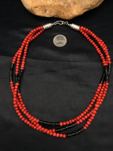 Navajo Red Coral 3 Strand Necklace | Sterling Silver | 19" | Authentic Native American Handmade | 2799