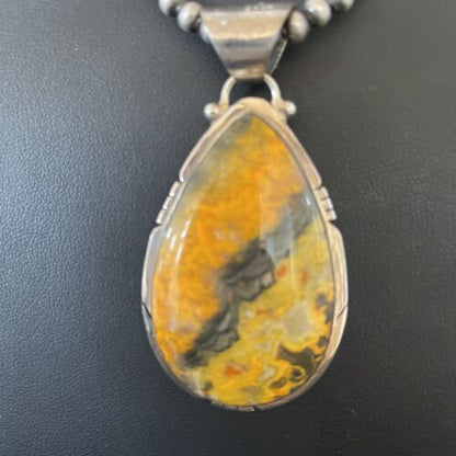 Men's Navajo Pearls Necklace with Bumblebee Jasper Pendant | Sterling Silver | Native American Handmade | 10548