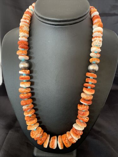 Navajo Orange Spiny Oyster & Turquoise Necklace | Sterling Silver | Authentic Native American | Graduated | 20" | 1504