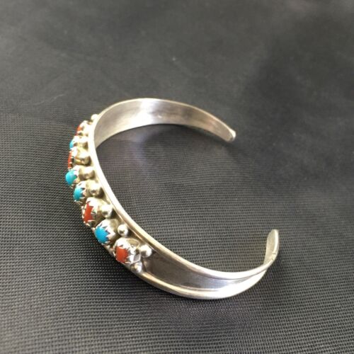 Navajo Children's Blue Turquoise Coral Cuff Bracelet | Sterling Silver | 4" | 10248
