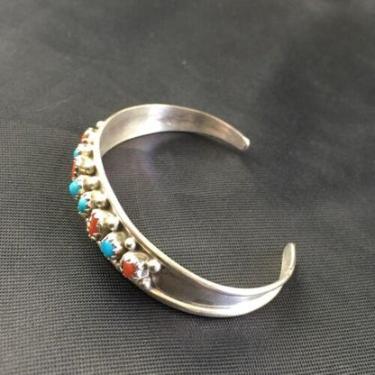 Navajo Children's Blue Turquoise Coral Cuff Bracelet | Sterling Silver | 4" | 10248