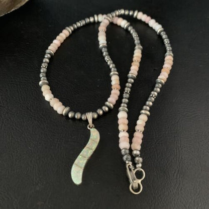 Navajo Pink Opal Beads Necklace Multi-Stone Mother of Pearl Inlay Pendant | Sterling Silver | 13458