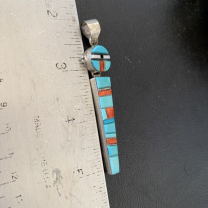 Navajo Blue Turquoise Spiny Inlay Pendant | Sterling Silver | Authentic Native American Handmade | 10881