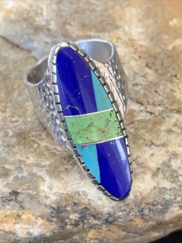 Navajo Multi-Color Lapis & Turquoise Inlay Ring | Sterling Silver | Sz 7 | Authentic Native American Handmade | 1577