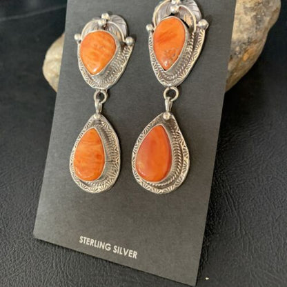 Navajo Orange Spiny Oyster Dangle Earrings | Sterling Silver | Authentic Native American Handmade | 13818