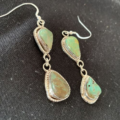 Navajo Green Royston Turquoise Dangle Earrings | Sterling Silver | Authentic Native American Handmade | 1498
