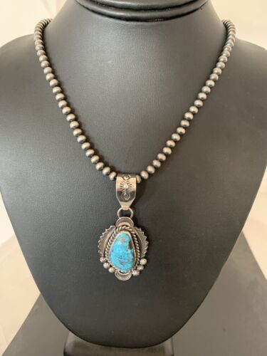 Navajo Spiderweb Kingman Turquoise Pendant Necklace | Sterling Silver | Authentic Native American Handmade | 688