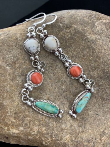 Navajo Howlite, Spiny Oyster & Turquoise Dangle Earrings | Sterling Silver | Authentic Native American Handmade | 1629