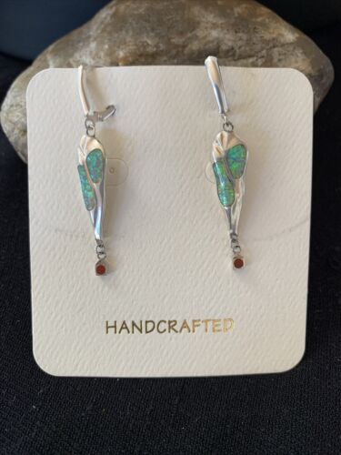 Native American Navajo Blue Opal Inlay Earrings | Sterling Silver | 2" | 1518