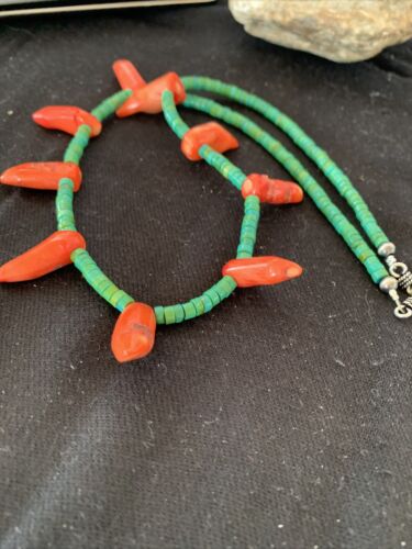 Navajo Turquoise Coral Chili Pepper Necklace | 20" | Sterling Silver Beads | Southwestern | 00828