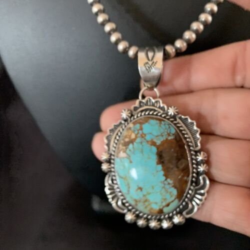 Navajo Pearls Necklace with Blue Turquoise #8 Pendant | Sterling Silver | Authentic Native American Handmade | 11312