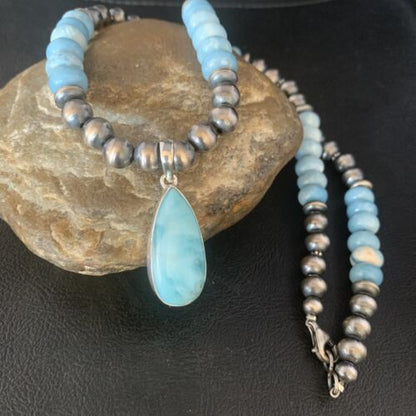Men's Blue Larimar Pendant | 10mm Navajo Sterling Silver Natural Necklace | Authentic Native American Handmade | 13998