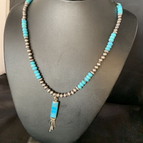 Navajo Blue Turquoise Pendant Necklace | Sterling Silver | Authentic Native American Handmade | 13835