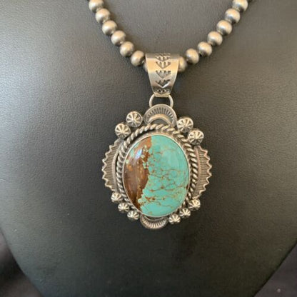 Men's Navajo Pearls Necklace | Sterling Silver | Blue #8 Turquoise Pendant | Authentic Native American Handmade | 10867