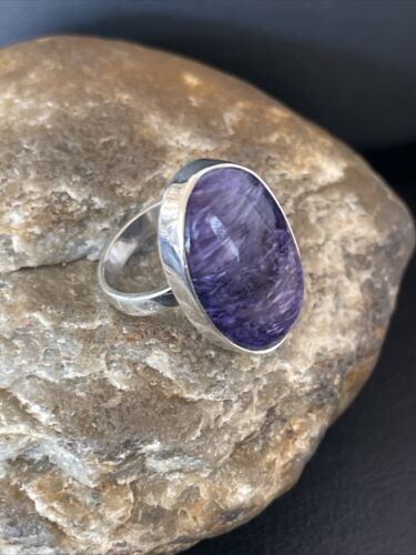 Navajo Women's Oval Purple Charoite Ring | Sterling Silver | Sz 8 Adjustable | Authentic Native American Handmade | 10567