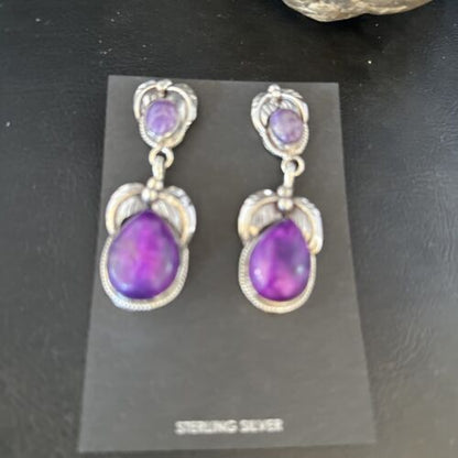 Navajo Purple Sugilite Dangle Earrings | Sterling Silver | 2" | Authentic Native American Handmade | 14403