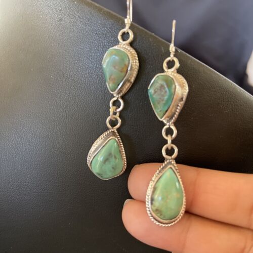 Navajo Royston Turquoise Dangle Earrings | Green Handmade | Sterling Silver | Authentic Native American | 1588