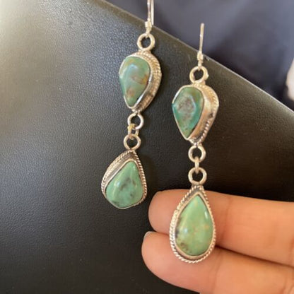 Navajo Royston Turquoise Dangle Earrings | Green Handmade | Sterling Silver | Authentic Native American | 1588