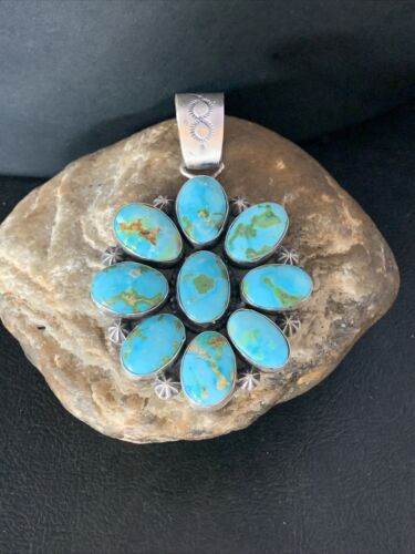 Navajo Blue Sonoran Gold Turquoise Cluster Pendant | Authentic Native American Sterling Silver | Multi-Stone | 14071