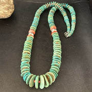 Navajo Turquoise & Red Spiny Oyster Necklace | Sterling Silver | Authentic Native American | 32" | 14378