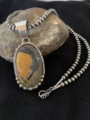 Navajo Pearls Sterling Silver Necklace | Bumblebee Jasper Pendant | Authentic Native American Handmade | 1649 - Masha USA