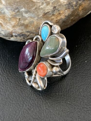 Navajo Sterling Silver Ring | Blue Turquoise & Spiny Oyster | Sz 11 | Native American Handmade | 02127