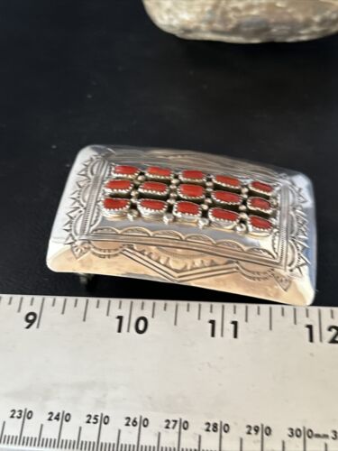 Navajo Red Coral Belt Buckle Concho | Sterling Silver | Authentic Native American Handmade | 14797