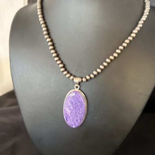Navajo Pearls Necklace with Purple Charoite Pendant | Sterling Silver | Authentic Native American Handmade | 14464