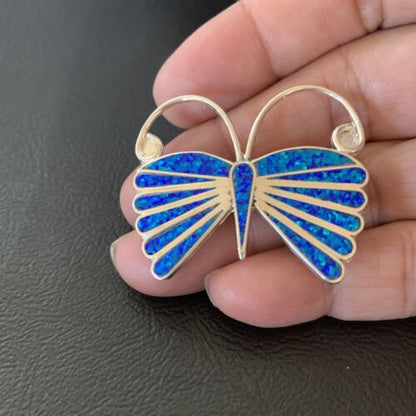 Navajo Blue Opal Butterfly Sterling Silver Necklace Pin Pendant | 11973