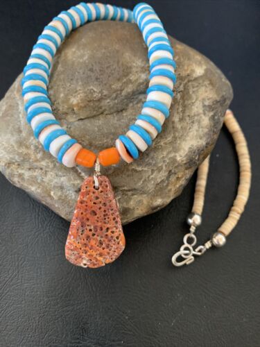 Santo Domingo Shell Pendant | Spiny Oyster & Blue Turquoise | 20" Necklace | Navajo | 12521