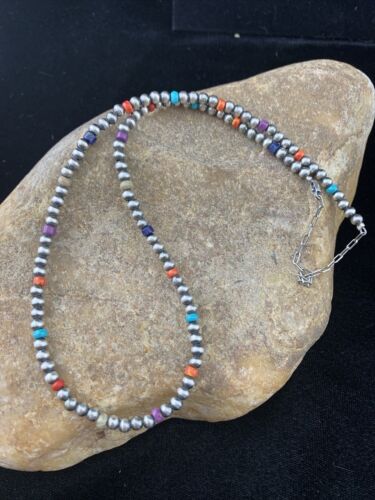 Navajo Pearls 4mm Multi-Color Bead Necklace | Sterling Silver | 18" | Single Strand | Southwestern