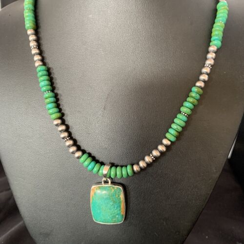 Navajo Green Turquoise Pendant Necklace | Sterling Silver Beads | Authentic Native American Handmade | 13305