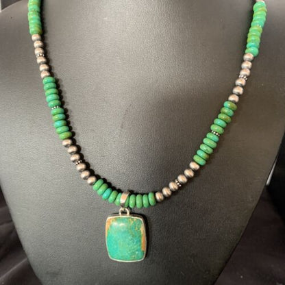 Navajo Green Turquoise Pendant Necklace | Sterling Silver Beads | Authentic Native American Handmade | 13305 - Masha USA