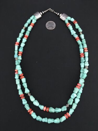 Native American Turquoise Spiny Sterling Silver Nugget Bead Necklace | 22" | 1352