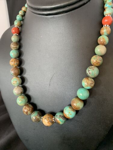 Navajo Green Turquoise & Apple Coral Graduated Necklace | Sterling Silver | Authentic Native American | 18" | 13206