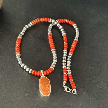 Navajo Red Apple Coral Pendant Necklace | Sterling Silver | Authentic Native American Handmade | 14373