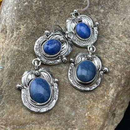 Southwestern Navajo Denim Lapis Dangle Earrings | Sterling Silver | 2" | 01798