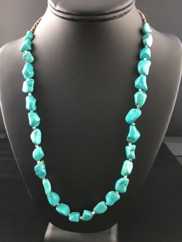 Navajo Blue Nugget Turquoise Heishi Necklace | Sterling Silver | 22" | Authentic Native American Handmade | 10064