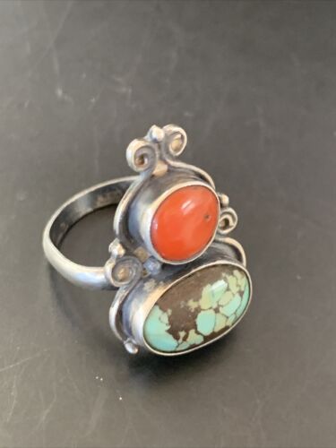 Native American Navajo Multi-Stone Ring | Blue Turquoise & Coral | Sterling Silver | Sz 7 | 11522