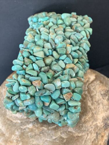 Women's Green Turquoise Nugget Stone Stretch Bracelet | 2" Wide | Navajo Jewelry | 1395