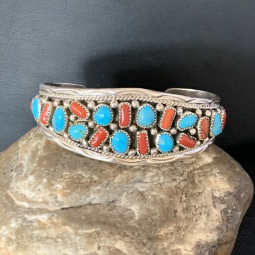 US Navajo Sterling Silver Kingman Turquoise Coral Cuff Stamp Bracelet 14221