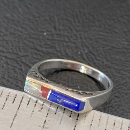Navajo Opal Blue Lapis Red Coral Inlay Ring | Sz 7 | Authentic Native American Handmade | 11140