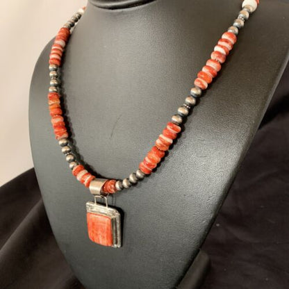 Navajo Pearls Necklace with Red Spiny Oyster Pendant | Sterling Silver | Authentic Native American Handmade | 11324