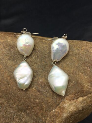 Native American Sterling Silver Pearl Dangle Earrings | 1.5" | 3079