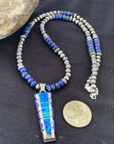 Southwestern Navajo Sterling Silver Necklace Pendant | Purple Opal Lapis Inlay | Authentic Native American Handmade | 00595