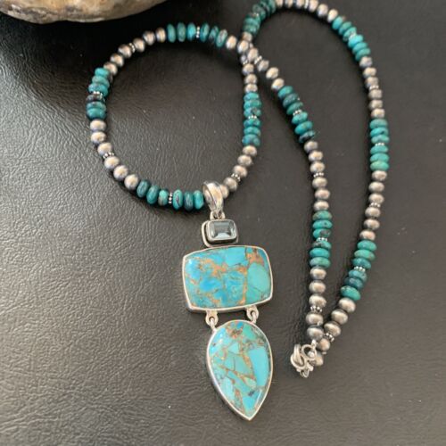 Navajo Pearls Sterling Silver Necklace with Blue Mojave AZ Turquoise Pendant | Multi-Stone | 11819