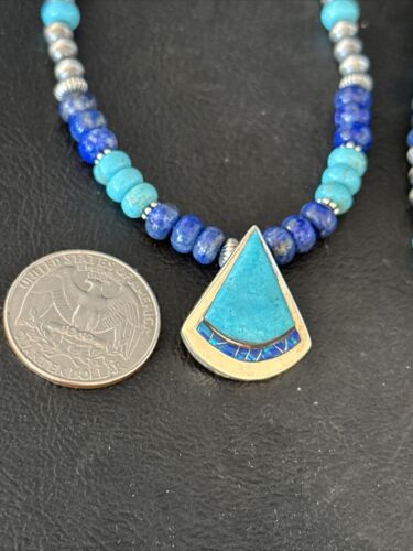 Navajo Blue Turquoise Lapis Inlay Pendant Necklace | Sterling Silver | Authentic Native American Handmade | 14636